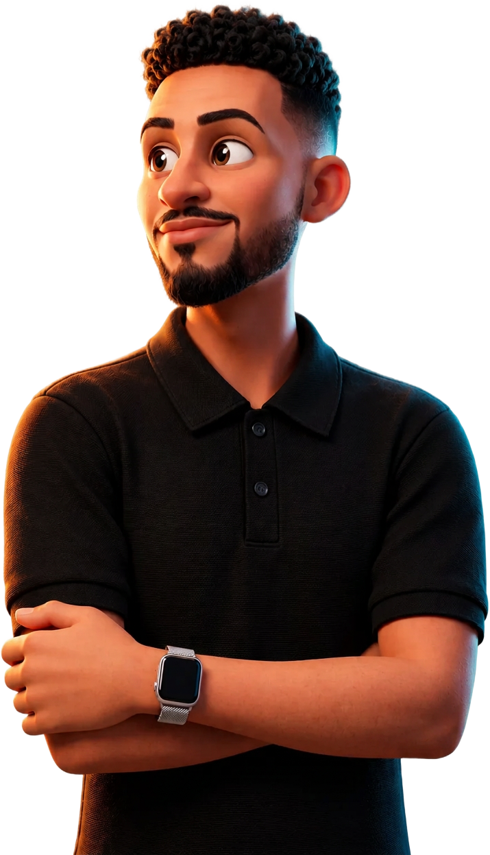 Avatar 3D de Gabriel Mariani, usando camisa polo preta e de braços cruzados
